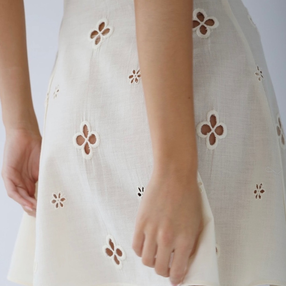 Dreamy Boho Eyelet Summer Sexy Mini Dress Accent Sleeves, Floral Cut Detailing - Picture 10 of 11